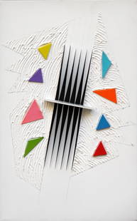 BIASI Alberto, Non piove piÃ¹, i merli cantano ed io gioco, 1998: oil, collage and cut on canvas, cm. 40x25Certificate issued by the artist, under no. POL 102Signed, dated, titled "Alberto Biasi, 1998, Non piove piÃ¹, i merli cantano ed io gioco" (on the reverse)