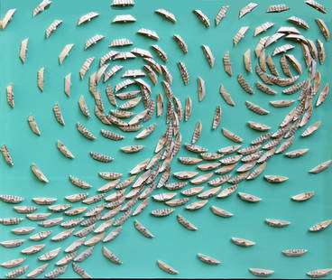 GUSMAROLI Riccardo, Il nome della rosa Cap 9, 2019: paper boats on canvas, cm. 45x55Certicate of Archivio Gusmaroli, under no. 094, dated 12/03/2019V. DehÃ² "Riccardo Gusmaroli - Arte/fatti", Prearo Editore, Milano, 2020, p.180-181Titled, signed, num