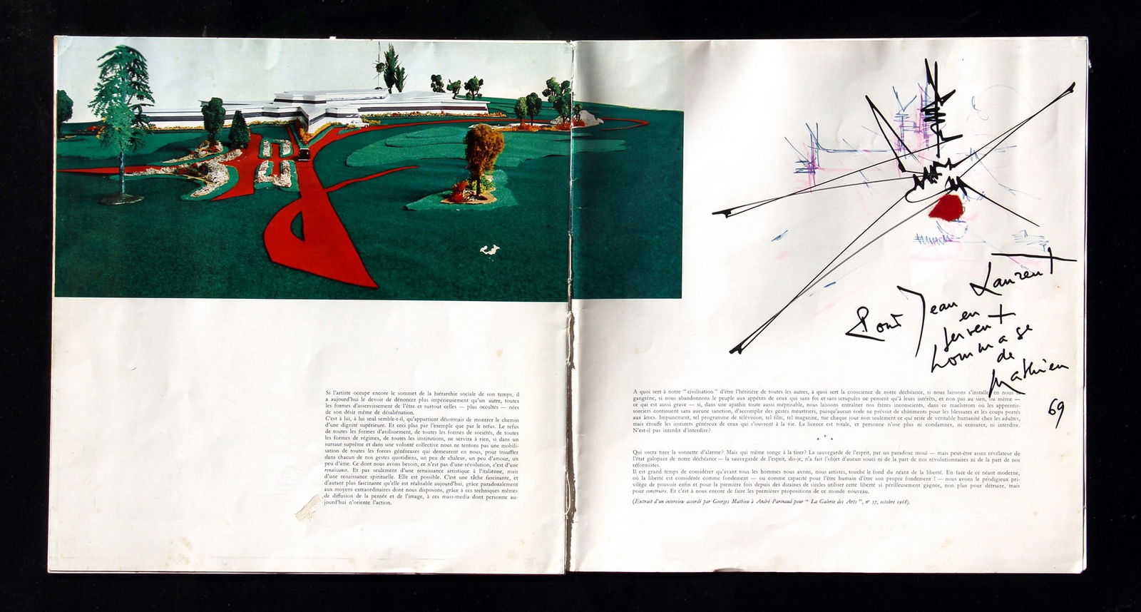 Georges MATHIEU (Boulogne sur Mer, 27/01/1921 - Boulogne-Billancourt, 10/06/2012) Untitled: MATHIEU Georges, Untitled, 1969, mixed media on catalogue, cm 31x62,5Private collection, RovigoGalleria Deniarte, Rome The catalogue on which the artist realized the work was published on the occasion