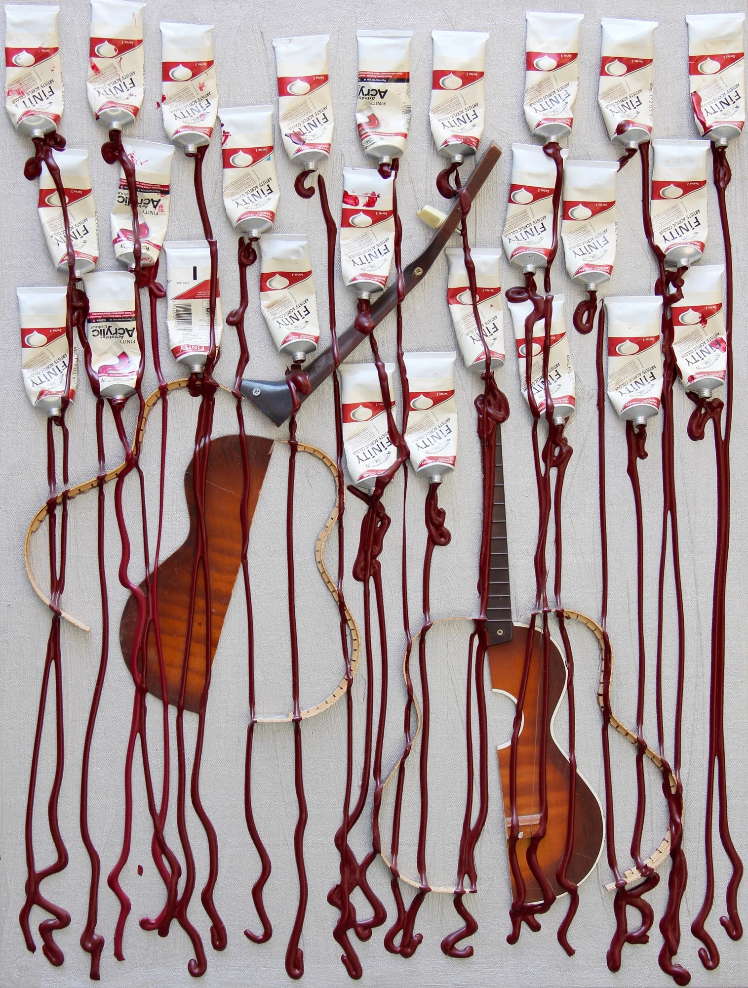 Fernandez ARMAN (Nizza, 17/11/1928 - New York, 22/10/2005) Untitled 2002: ARMAN Fernandez, Untitled, 2002, broken guitar and tubes of color on canvas laid down on board, cm 82x61Work recorded in Arman Studio Archives, under no. APA # 8110.02.051Certificate issued by Archivi