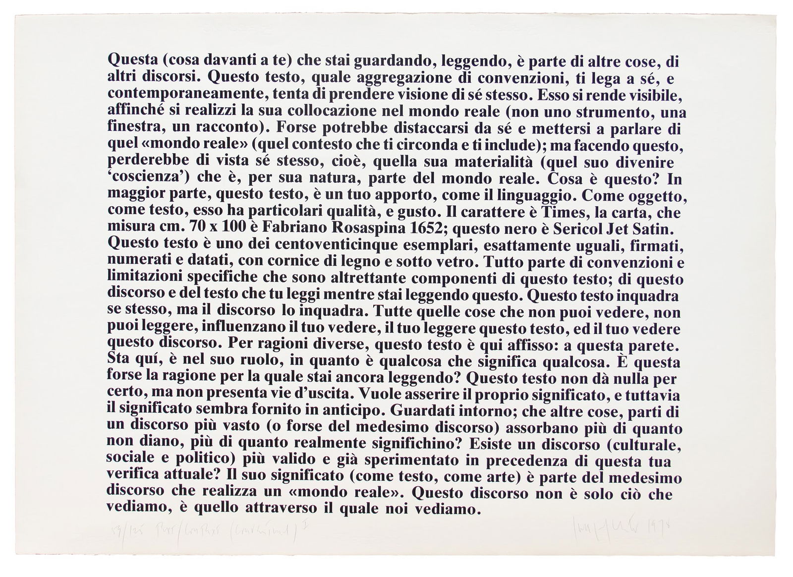 KOSUTH Joseph, Text/Context (Conventional) I, 1978, serigraphy on Fabriano paper, cm 70x100: Edition of 125 Example no. 59 Numbered, titled "59/125, Text/Context (Conventional) I" (lower left); signed, dated "Joseph Kosuth, 1978" (lower right)