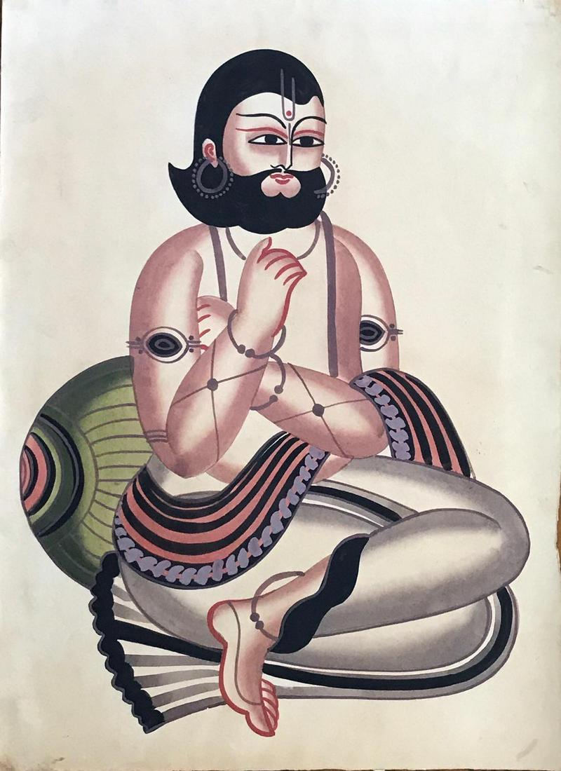 Bengal Art-Old Indian Kalighat Painting: Old Indian Kalighat Painting of Mahant Probably painting shows mahant Madavchandra Giri. Kalighat Paintings belongs to a very special style of paintings that developed around the famous Kalighat Mothe