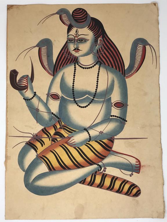 Old Kalighat Bengal Art painting of Shiva: Old Indian Kalighat Painting of Shiva Kalighat Paintings belongs to a very special style of paintings that developed around the famous Kalighat Mother Kali temple.This style developed around mid 19 th