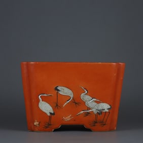 Coral red ground crane pattern square flower pot