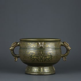 Tea-leaf glaze painted gold Taotie pattern double-handled incense burner