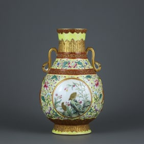 Yellow ground enamel painted window flower vase