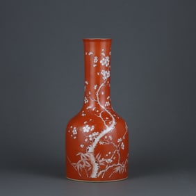 Coral red white plum and bamboo pattern bell-shaped vase
