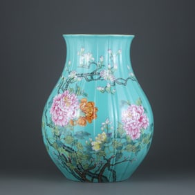 Turquoise green ground pastel peony poem pattern melon-shaped vase