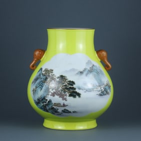FAMILLE ROSE GLAZE CARVED LANDSCAPE VASE
