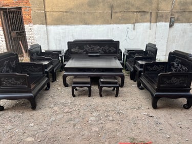 SET OF ZITAN WOOD CARVED CHAIRS&TABLE