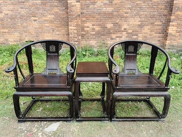 SET OF ZITAN WOOD CARVED CHAIRS&TABLE