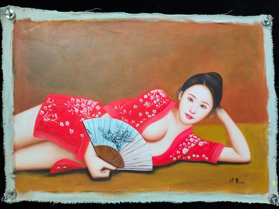 Hand-painted oil painting of "The Beauty of Leng Jun": Dimension Length 102 cm / width 73 cm