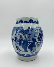 CHONGZHEN MARK BLUE&WHITE GLAZE FIGURE STORY PATTERN LOTUS PATTERN JAR
