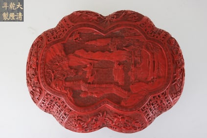 QIANLONG MARK RED LACQUER FIGURE STORY PATTERN BOX