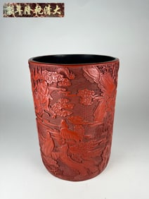 RED LACQUER WOOD CARVED FIGURE PATTERN PAINTING TUBE