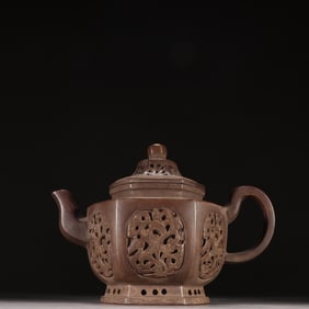 Purple clay carved hexagonal teapot