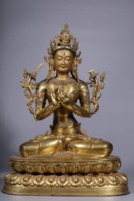 Gilded copper inlaid with gems, seated statue of Manjusri Bodhisattva