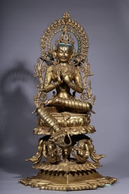 Bronze gilt inlaid gemstone Green Tara seated statue
