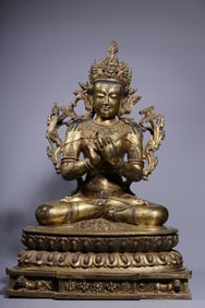 Gilded copper inlaid with turquoise, seated statue of Manjusri Bodhisattva