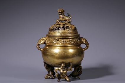 Gilded copper double elephant-eared Vajra foot incense burner