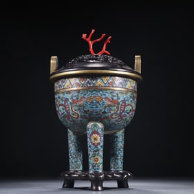 Copper-based cloisonné dragon-patterned three-legged incense burner