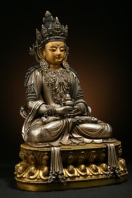 Seated statue of the Buddha of Longevity in Tibetan silver