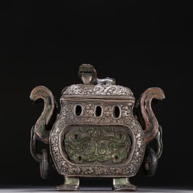 Silver-inlaid jade incense burner