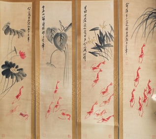 Four-panel painting of swimming shrimps by Qi Baishi
