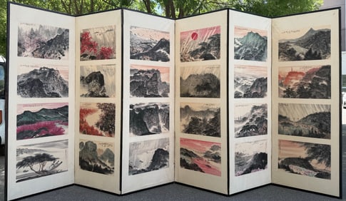 Six-panel screen with 24 scenes by Fu Baoshi