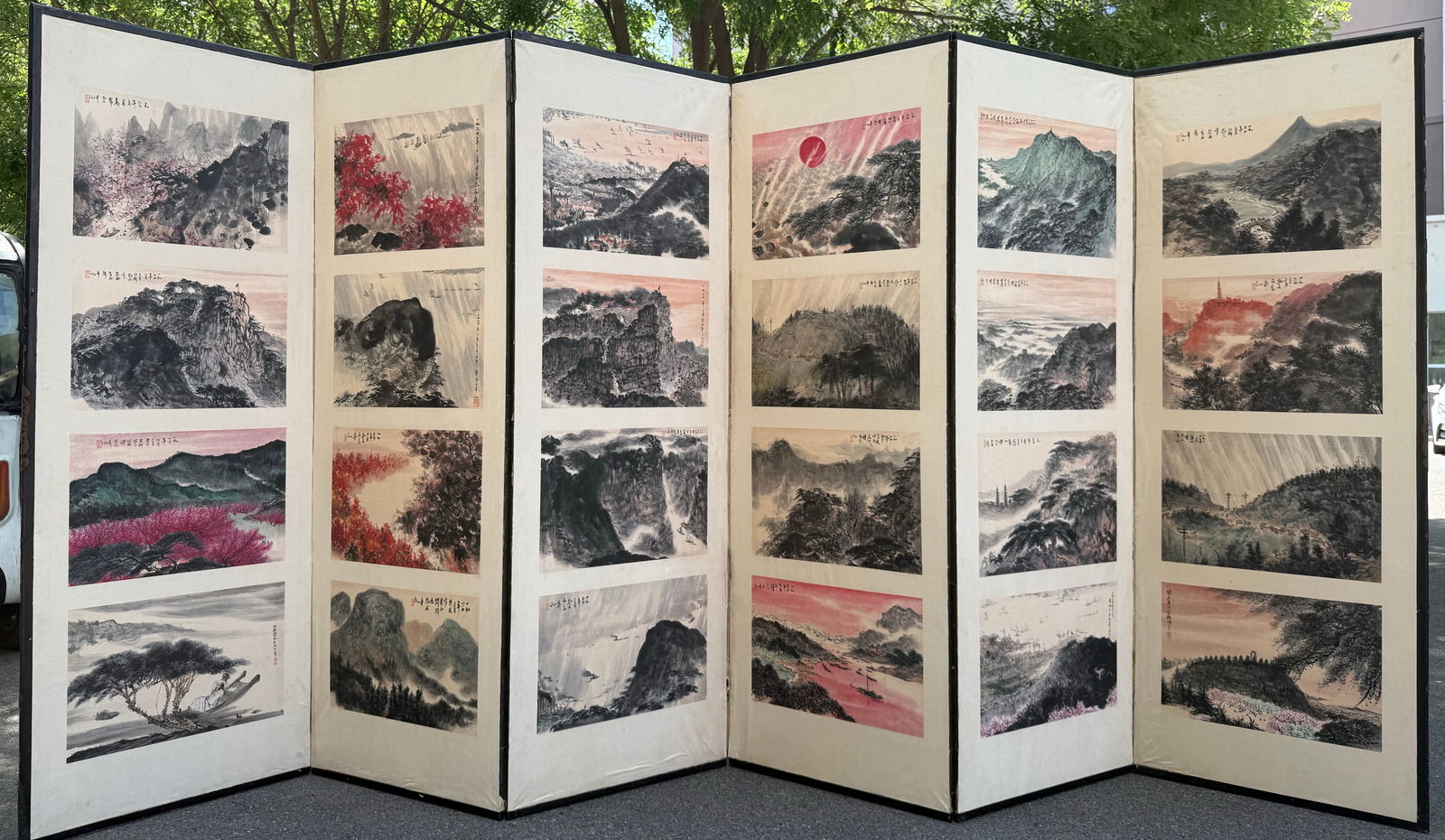 Six-panel screen with 24 scenes by Fu Baoshi: SIZE AS PICTURE.
