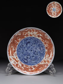 Blue and white alum-red dragon pattern appreciation plate