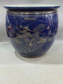 Large blue and gold landscape jar