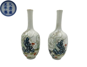 PAIR OF YONGZHENG MARK FAMILLE ROSE GLAZE FLOWER VASES