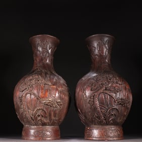 A pair of agarwood carved landscape pine tree appreciation bottles
