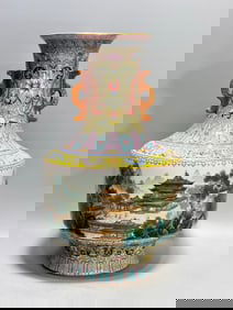 QIANLONG MARK ENAMELED GLAZE LANDSCAPE DOUBLE EAR VASE