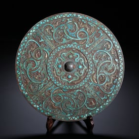 BRONZE COPPER WITH SILVER INLAID TURQUOISE MIRROR