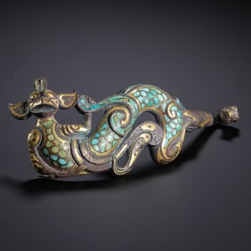 COPPER WITH SILVER&GOLD INLAID TURQUOISE PENDANT