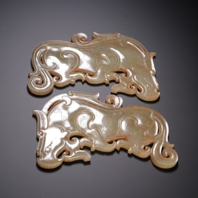 A PAIR HETIAN JADE TIGER SHAPE TABLET