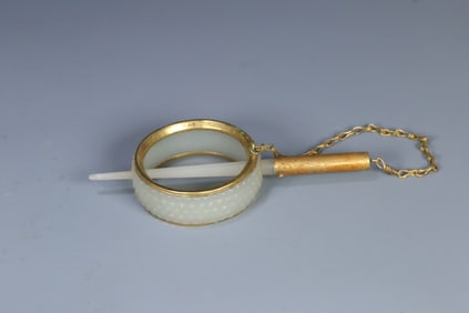 HETIAN JADE CARVED HEADBAND&GILT BRONZE