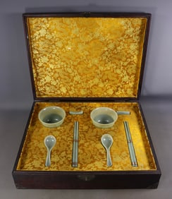 A SET HETIAN JADE CARVED BOWL&CHOPSTICKS&SPOON