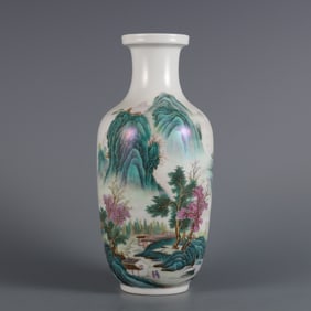 QIANLONG MARK FAMILLE ROSE GLAZE LANDSCAPE GUANYIN VASE