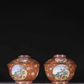 A PAIR COPPER FIGURE STORY TEABOWLS