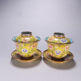 A PAIR COPPER FLOWER PATTERN TEABOWLS