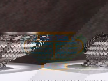 QIANLONG MARK CLOISONNE INLAY HETIAN JADE CENSER