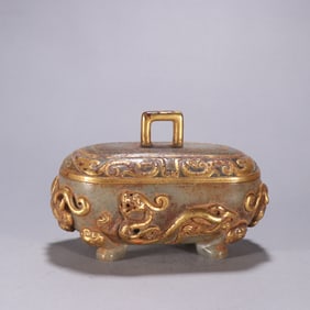 HETIAN JADE WITH GOLD DRAGON PHOENIX BOX