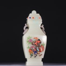 HETIAN JADE GEM DECORATED FIGURE STORY VASE