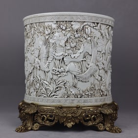 COPPER INLAY POTTERY WHITE GLAZE FLOWER PATTERN BRUSH POT