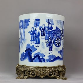 COPPER INLAY POTTERY BLUE&WHITE GLAZE BRUSH POT