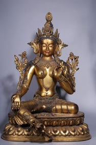 GILT BRONZE INLAY GEM TARA BUDDHA STATUE