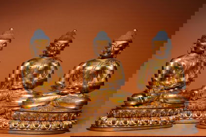 GILT BRONZE TRINITY BUDDHA STATUE